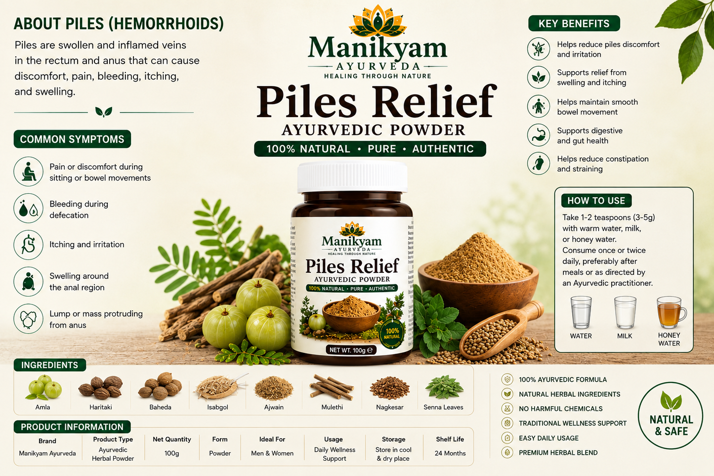 Manikyam Ayurveda Piles Relief Ayurvedic Powder – Natural Herbal Support for Piles & Digestive Health